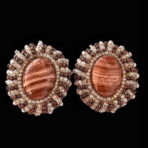 Vtg hand beaded Banded Agate earrings pierced crystal ab copper glass bead - Picture 3 of 9